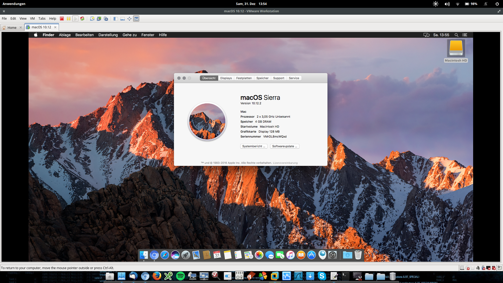 Running Apple OSX 10.12.2 macOS Sierra in VM VMware workstation